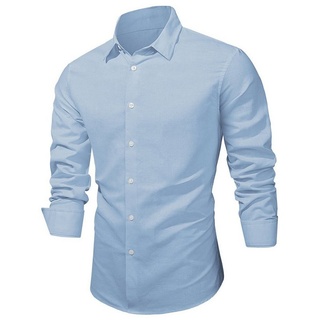 JMIERR Leinenhemd Langarm Hemden Shirts Casual Freizeithemd Baumwolle Stehkragenhemd (Leinenhemd) Regular Langarm Kentkragen Uni blau