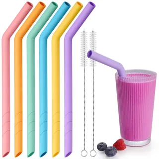 NiHome 6 Stück Silikon Strohhalme Wiederverwendbar, Extra Breite Trinkhalme für Boba, Smoothies & Bubble Tea – Zuschneidbare Länge, BPA-frei, mit 2 Reinigungsbürsten, Flexibel und Spülmaschinenfest