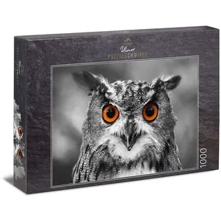 Ulmer Puzzleschmiede - Puzzle Eule - klassisches 1000 Teile Puzzle - Die charakteristischen Augen des Uhu inmitten schwarz und weiß - Europas größte Eule als modernes Tierpuzzle