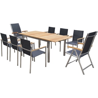 OUTFLEXX Set, schwarz, 150 x 90 cm, Edelstahl/Teak, Ausziehtisch, 6 Stühle, 2 Multipositionssessel