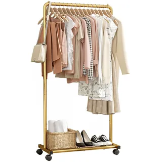Sakugi Kleiderständer - Kleiderständer auf Rollen, Kleiderstange mit Aufbewahrungsgitter, Robuster Metall-Garderobenständer für Kleider, Kleider, Pullover, Mäntel, Clothes Rack (Gold, Mittel)