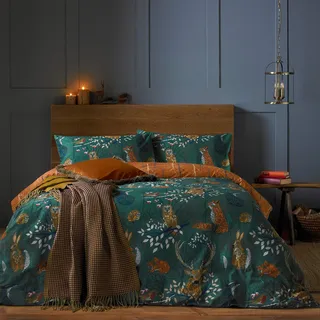 furn. Bettwäsche-Set mit Abbildungen zum Thema Wald und Seiner Tierwelt, Smaragdgrün, für Super-Kingsize-Bett, Smaragd