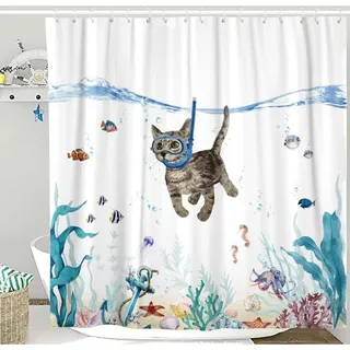 Lustiger Duschvorhang Mit Katzenmotiv, Türkisblau, Meer/ozean, Wasserdichter Stoffduschvorhang Für Badezimmer Mit Tiermotiven: Oktopus, Seestern, Schildkröte, Anker, Fisch, Nautisch (katze)