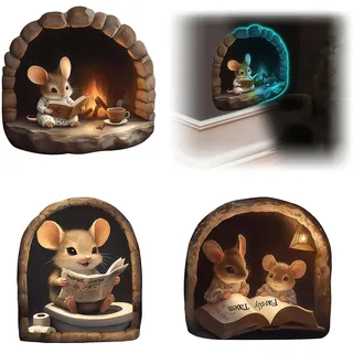 3-teilige 3D-Wandaufkleber mit Mauseloch zum Abziehen und Aufkleben – süße Cartoon-Mäuse beim Lesen und Entspannen, dekorative Vinyl-Wandaufkleber für Kinderzimmer, Schlafzimmer, Kinderzimmer,