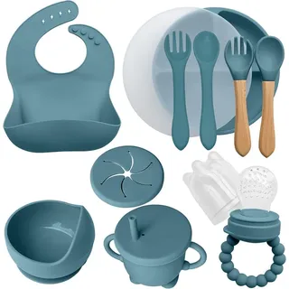 Silikon Baby Lunchbox Set 10-teilig, Saugnapf Teller und Schüssel, Löffel und Gabel, Lätzchen, für