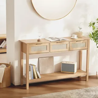 Vevor Rattan-Konsolentisch 3 Schubladen 100 x 40 x 75 beige