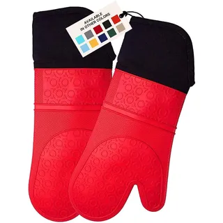 HOMWE Extra Langer professioneller Silikon-Ofenhandschuh, Ofenhandschuhe mit gestepptem Innenfutter, hitzebeständige Topflappen, Flexible Ofenhandschuhe, rot, 1 Paar, 37,3 cm