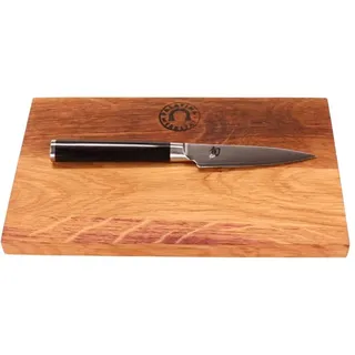 KAI Shun Classic Geschenkset DM-0700 – Officemesser 9 cm ultrascharf aus Damaststahl + handgefertigtes Schneidebrett Eiche 25x15 cm – Japanisches Messer-Set im Geschenkkarton
