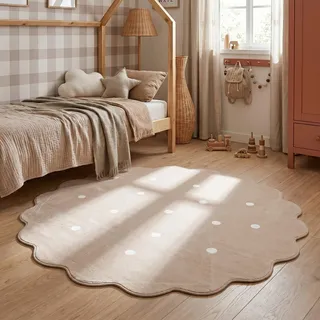 Little Olly Teppich Kinderzimmer Rund - Cloudy Dots Beige - Ø 100 cm | Punkte - Krabbeldecke - Spielmatte - Kinderzimmer, Babyzimmer - Jungen - Mädchen