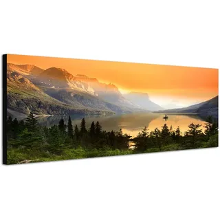 Wandbild auf Leinwand als Panorama in 150x50cm Nationalpark Bergsee Berge Wald Abendlicht