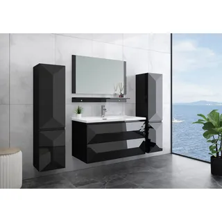 Faizee Möbel Miran Hochglanz Badmöbel Set mit Spiegel & Keramik-Waschbecken – Modernes 6-teiliges Badezimmer Set mit Soft-Close Unterschrank & 2 Seitenschränken (Miran Schwarz, 60 cm (Unterschrank))