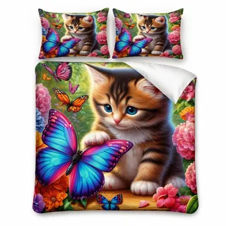 WSFST Katzen Bettwäsche 135x200 Set – Niedliches Kätzchen mit Schmetterling & Blumen, Mikrofaser Bettbezug 135x200 + Kissenbezug 80x80, Kinder Mädchen Bettwäsche Bunt