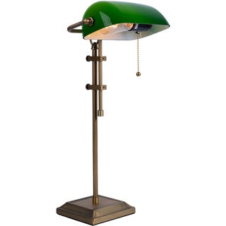 Schreibtischleuchte Bankerlampe Tischlampe altmessing Glas grün Leseleuchte höhenverstellbar, Zugschalter, 1x E27, LxH 26,5x56 cm