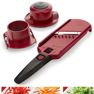 Börner Multi Dicer Julienneschneider Set • Gemüsehobel für Obst & Gemüse mit 2 Schnittarten • Juliennehobel + Fruchthalter + Schiene • Küchenhobel Set (Rot/Schwarz)