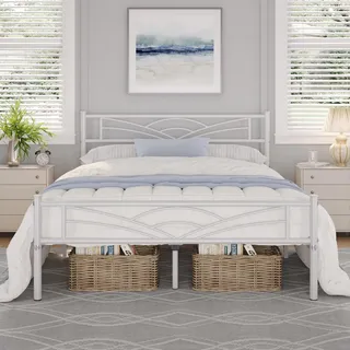 Yaheetech Bettrahmen Metallbett Modern Gästebett Bettgestell aus Metall | Jugendbett mit Lattenrost, für Schlafzimmer Gästezimmer 140 x 200 cm/Weiß