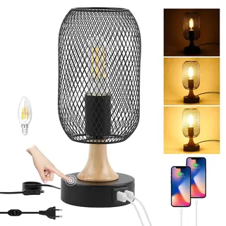 Nachttischlampe Touch Dimmbar Tischlampe mit Stecker und Schalter Vintage E27 Tischleuchte mit 2 USB Anschlüssen 3 Helligkeitsstufen Einstellbar Metall und Holz Leselampe für Wohnzimmer Schlafzimmer