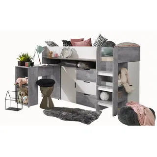 Abiks Möbel Hochbett, Grau, Weiß, Holz, Nachbildung, 7 Fächer, 3 Schubladen, 90x200 cm, Kinder- & Jugendzimmer, Kindermöbel, Kinderbetten, Hochbetten