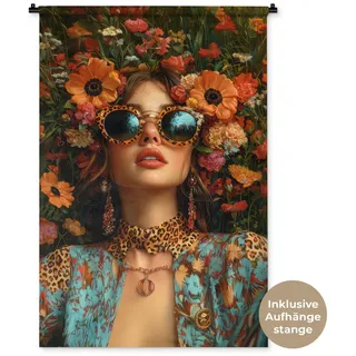 MuchoWow Wandteppich Frauen - Blumen - Modern - Brille - Abstrakt, Rechteckig, Höhe: 3 mm, Wandtuch Wohnzimmer, Schlafzimmer, 90x135 cm bunt Rechteckig | 90 cm x 135 cm x 3 mm