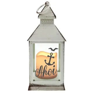 WB wohn trends Kunststoff-Laterne mit LED-Kerze & Timer, AHOI Anker, Weiss 24x10,5x10,5cm, Batterie LED-Licht LED-Laterne LED-Lampe mit Text Spruch