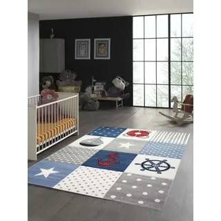 Kinderteppich Junge Maritim kariert in blau creme grau Größe - 200 x 290 cm - Blau