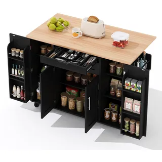 FurnitureR Kücheninsel aus MDF, Küchenwagen mit Klappplatte, 2 Schubladen, 4 Türen, Handtuchhalter und Stauraum, 136 x 70 x 92 cm, Schwarz mit helles Holzdekor, für Küche, mit viel Arbeitsfläche