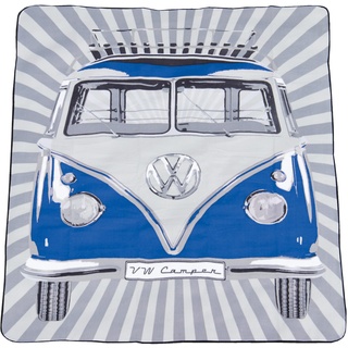 BRISA VW Collection - Volkswagen Picknickdecke 200x150 cm Wasserdicht Wärmeisoliert Fleece Garten Outdoor Stranddecke mit Tragetasche (Samba Stripes/Blau)
