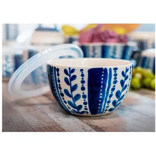 Neuetischkultur Schüssel Schüssel rund 1 Liter Keramik gemustert, Keramik, (1-tlg), Rührschüssel, Salatschüssel, mit Kunststoffdeckel blau