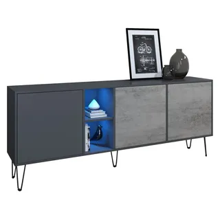 Vladon Sideboard Havana (TV-Schrank mit 3 Türen und 2 offene Fächer, Kommode mit LED, Made in Germany), Anthrazit matt / Beton Oxid Optik (181,5 x 73 x 35 cm) grau