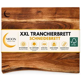 MOON HOME XXL Schneidebrett mit Naturrand aus Akazie, 47,8 x 40 x 3,8 cm | Massives Küchenbrett aus FSC-zertifiziertem Holz mit Filzfüßen, naturbelassenes Hackbrett für messerschonendes Schneiden
