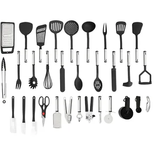 40PCS Küchenutensilien Set, Edelstahl Küchenhelfer Set 40 Teilig, Kochutensilien Set, Kochgeschirr Set, Nylon Edelstahl Kochutensilien, mit Pfannenwender, Schneebesen, Löffel, Messbecher, Spatel usw