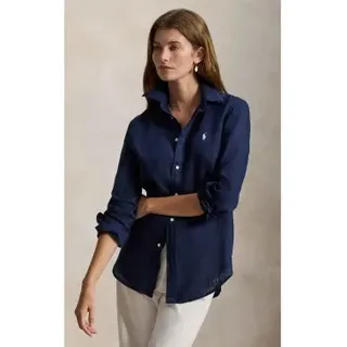 Polo Ralph Lauren für Damen. 211970730519 Klassisches Leinenhemd in Marineblau mit normaler Passform (XXS), Lässig, Langarm