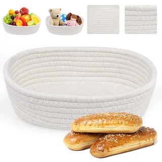 Kleemeiero Brötchenkorb Brotkorb Geflochten Aufbewahrungskorb Geflochten Baumwollseil Brotkörbchen Klein Brötchen Korb Deko Oval 26cm Ø Brotschale Frühstück Flechtkorb zum Servieren von Gebäck-Beige