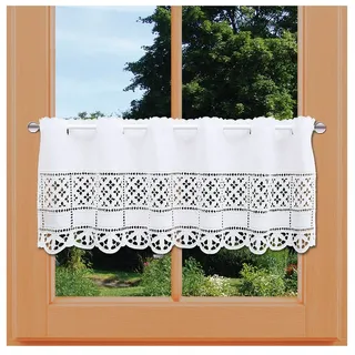 Scheibengardine Petrissa Vogtländische Spitze | Landhaus-Scheibenhänger mit Bohrarbeit in weiß | Kurzgardine im modernen Shabby Chic | zeitloses Panneaux aus Baumwoll-Linon Höhe x Breite 30 x 202 cm