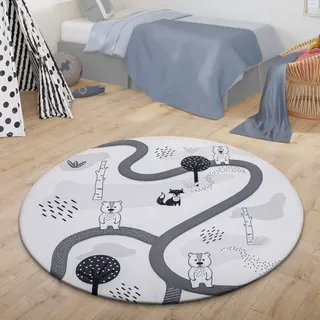 TT Home Teppich Kinder Kinderzimmerteppich Kinderteppich Babymatte Straße Bär Fuchs Baum, Farbe: Grau Weiß, Größe:80 cm Rund