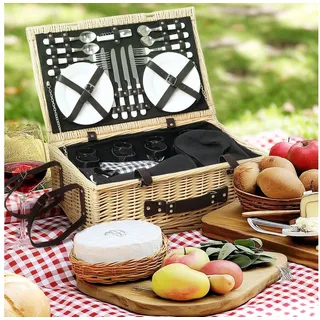 Outsunny Picknickkorb mit Isoliert Kühlfach, Picknickdecke, Besteck Set (Picknick Set für 4 Personen, 1 St., Picknickkoffer aus Weidenholz), für Camping Strand Weihnachten Naturholz beige