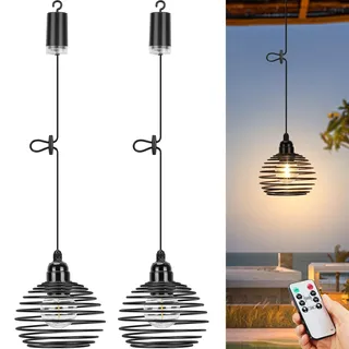 Glowlit 2 Stücke Hängelampe mit Batterie, Akku Pendelleuchte Schwarz mit Fernbedienung, Dimmbar Outdoor Lampe Hängend, Vintage Hängeleuchte Batteriebetrieben für Garten Camping Deko