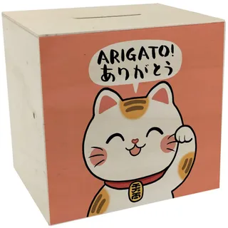 Winkekatze Spardose aus Holz mit Spruch Arigato Glückskatze als niedlicher Glücksbringer für Manga-Fans perfekte Kaffeekasse SAGT Danke und bringt Glück ins Haus