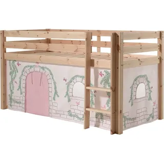 Hochbett VIPACK "Pino, Spielbett massiv Kiefer, stabil gebaut, 3 Korpusfarben zur Wahl", beige (natur geölt, birdy), B:106cm H:114cm L:210cm, Hochbetten, Hochbett, Textil-Set "Astronaut", inkl. Vorhang, mit oder ohne Tunnel