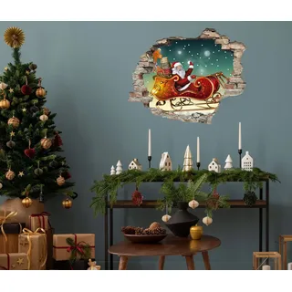 queence 3D-Wandtattoo Weihnachtmann mit Geschenken im Schlitten (1 St), selbstklebender Wandsticker Weihnachten bunt|rot