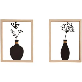 Dekoleidenschaft Wanddekoobjekt "Vase" Metall Wanddeko schwarz mit Holz Rahmen, Metallbild, Wandbilder (2 St., im Set), Wandobjekt für Wohnzimmer, Flur, Büro, Wandschmuck schwarz