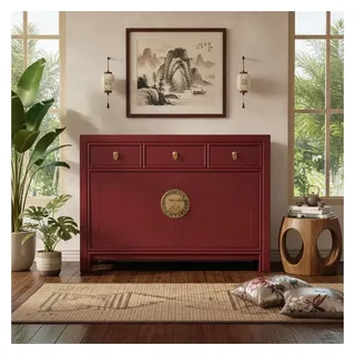 OPIUM OUTLET Kommode Vintage Schrank Sideboard rot asiatisch chinesisch orientalisch (B x T x H: 117 x 40 x 85 cm, Anrichte Buffet rot), Asia Möbel Hochzeitsschrank komplett montiert