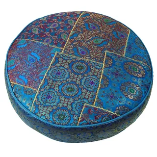 GURU SHOP Orientalisches Rundes Patchwork Kissen 50 cm, Sitzkissen, Bodenkissen mit Baumwollfüllung - Blau