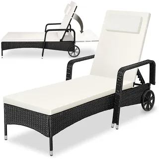 tectake Poly Rattan Gartenliege mit Rollen, 6-Fach höhenverstellbarer Liegestuhl, bis 120kg belastbar, Sonnenliege Rattan (wetterfest), Liege inkl. Polster und Kissen - schwarz/beige