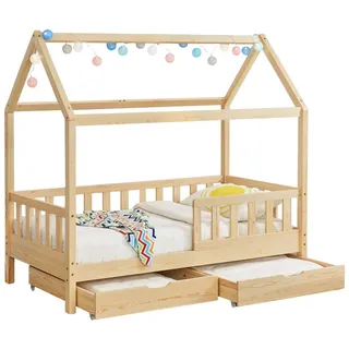 Juskys Kinderbett Marli 90 x 200 cm mit Bettkasten, Gitter, Lattenrost & Dach - Holz Hausbett Natur