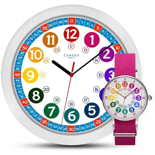 Cander Berlin MNU 1030 Kinderwanduhr Wanduhr und MNA 1030 M Armbanduhr Kinder Armbanduhr Kinderuhr Lernuhr Mädchen