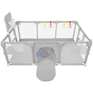 JEOBEST Laufstall Baby Laufgitter - Große Sicherheitsspielplatz, 180x120x66cm - mit Basketball-Netz 50 Ozeanbälle und 4 bunten Ringen grau