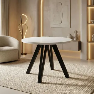 Runder Esstisch Ausziehbar 100–140 cm mit Schwarzen Holzbeinen aus Buchenholz – Moderner Ausziehtisch für Esszimmer, Küche und Wohnzimmer –... - Weiß