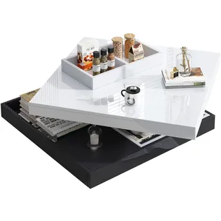 OKWISH Quadratischer Hochglanz-Couchtisch 36x70x70cm drehbar Doppelstock Stauraum Wohnzimmertisch Modern Weiß Schwarz Spanplatte