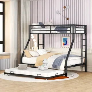 KUAKE Etagenbett Kinderbett 200x140/200x90cm, Metallbett mit ausziehbarem Bett, Hochbett mit Leiter auf beiden Seiten, Metall Bettgestell für Kinder, Jugendliche, Erwachsene(schwarz)