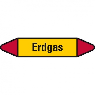 Aufkleber I Rohrleitungsetikett Erdgas, gelb/schwarz/rot, für Ø 25-40mm, 126x26mm, 5/Bogen I 3 Stk